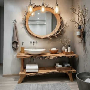 Solid Wood Live Edge Console with Open Shelf for Spa Bath