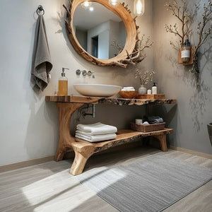 Solid Wood Live Edge Console with Open Shelf for Spa Bath