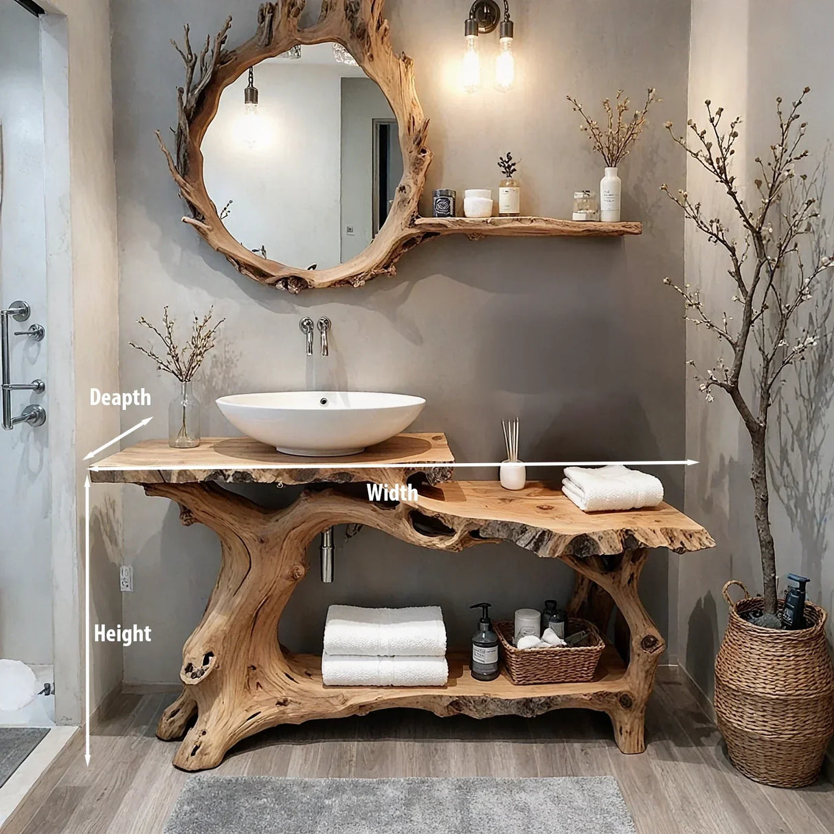 Live Edge Solid Wood Vanity with Branch-Style Base and Open Shelf