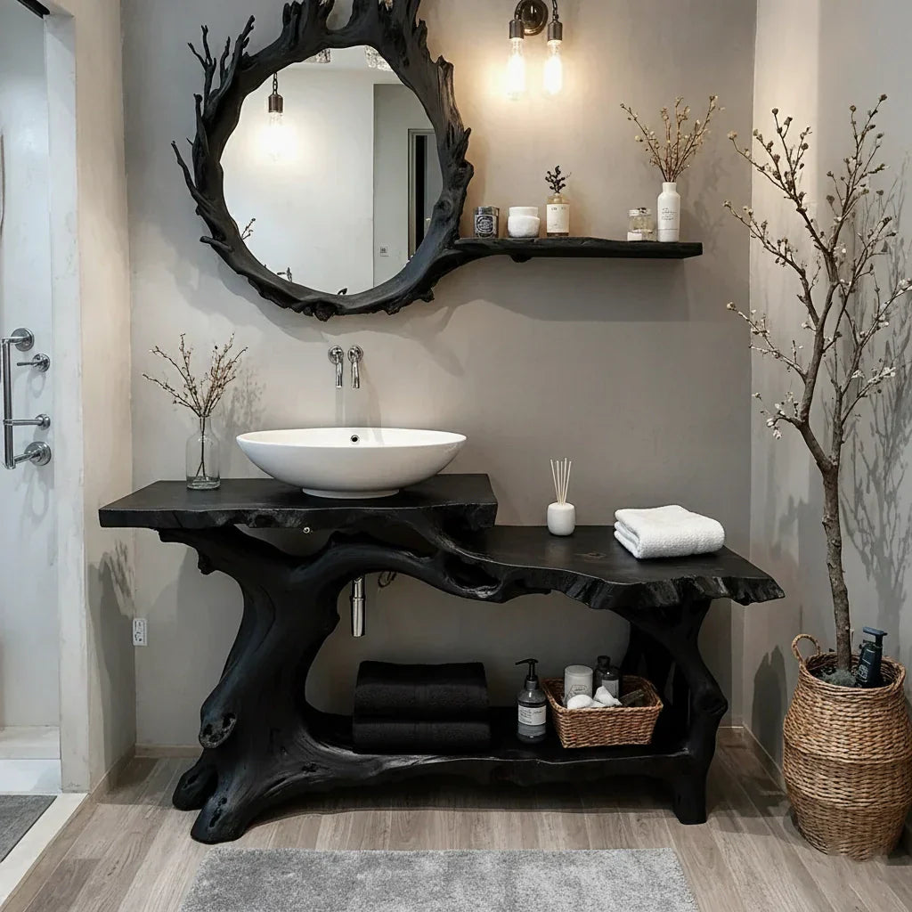 Live Edge Solid Wood Vanity with Branch-Style Base and Open Shelf