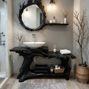 Live Edge Solid Wood Vanity with Branch-Style Base and Open Shelf