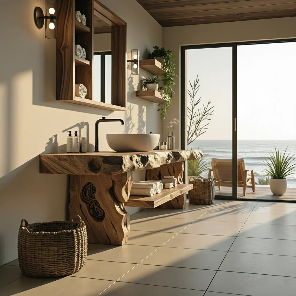 Live Edge Solid Wood Bathroom Vanity with Open Shelf