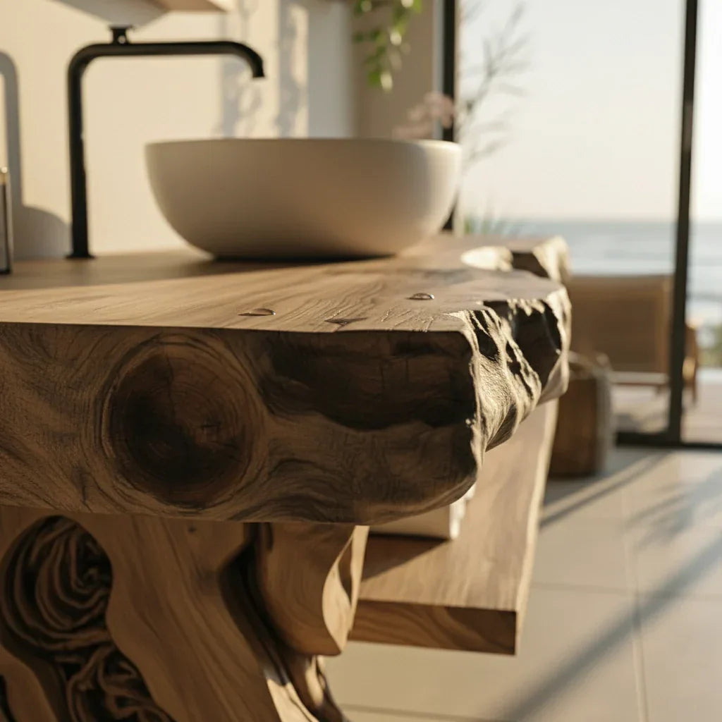 Live Edge Solid Wood Bathroom Vanity with Open Shelf