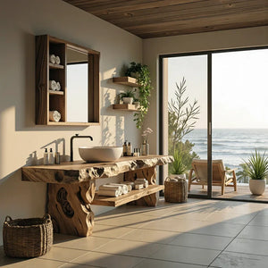 Live Edge Solid Wood Bathroom Vanity with Open Shelf