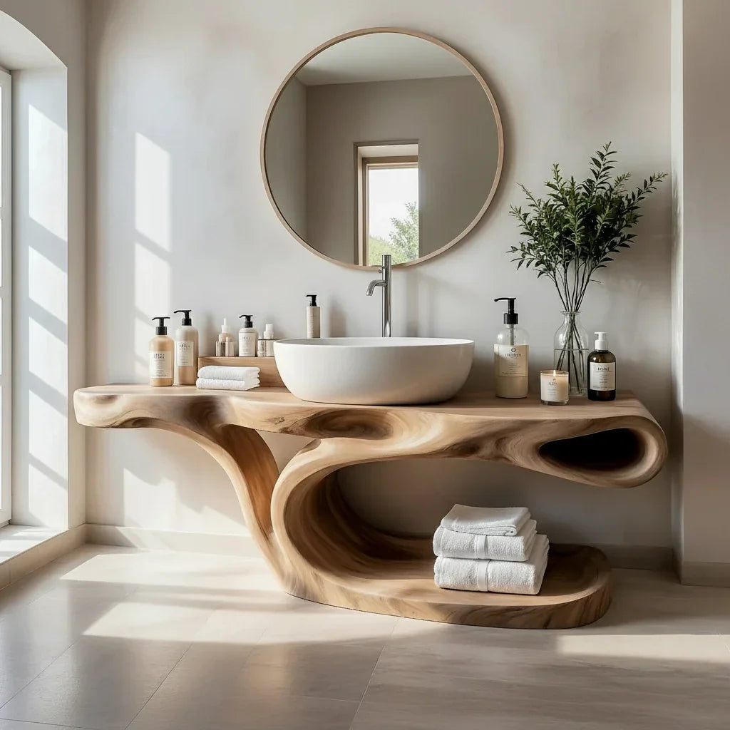 Sculptural Solid Wood Bathroom Vanity with Open Shelf