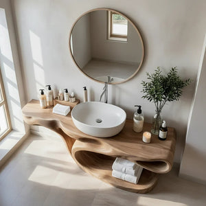Sculptural Solid Wood Bathroom Vanity with Open Shelf
