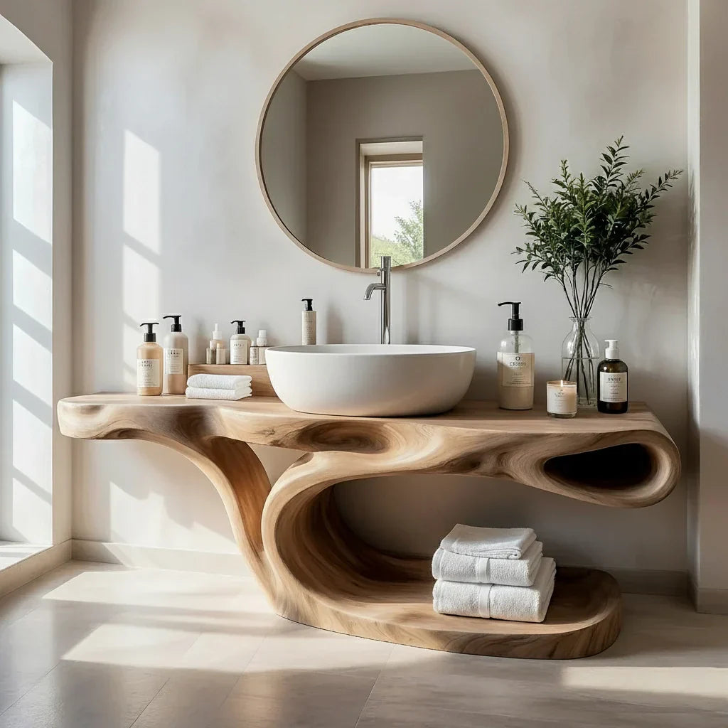 Sculptural Solid Wood Bathroom Vanity with Open Shelf