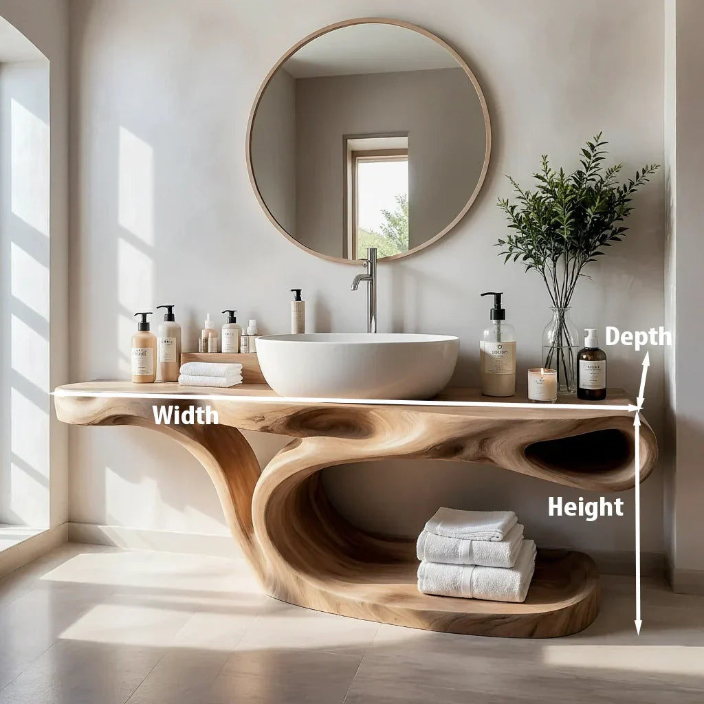 Sculptural Solid Wood Bathroom Vanity with Open Shelf
