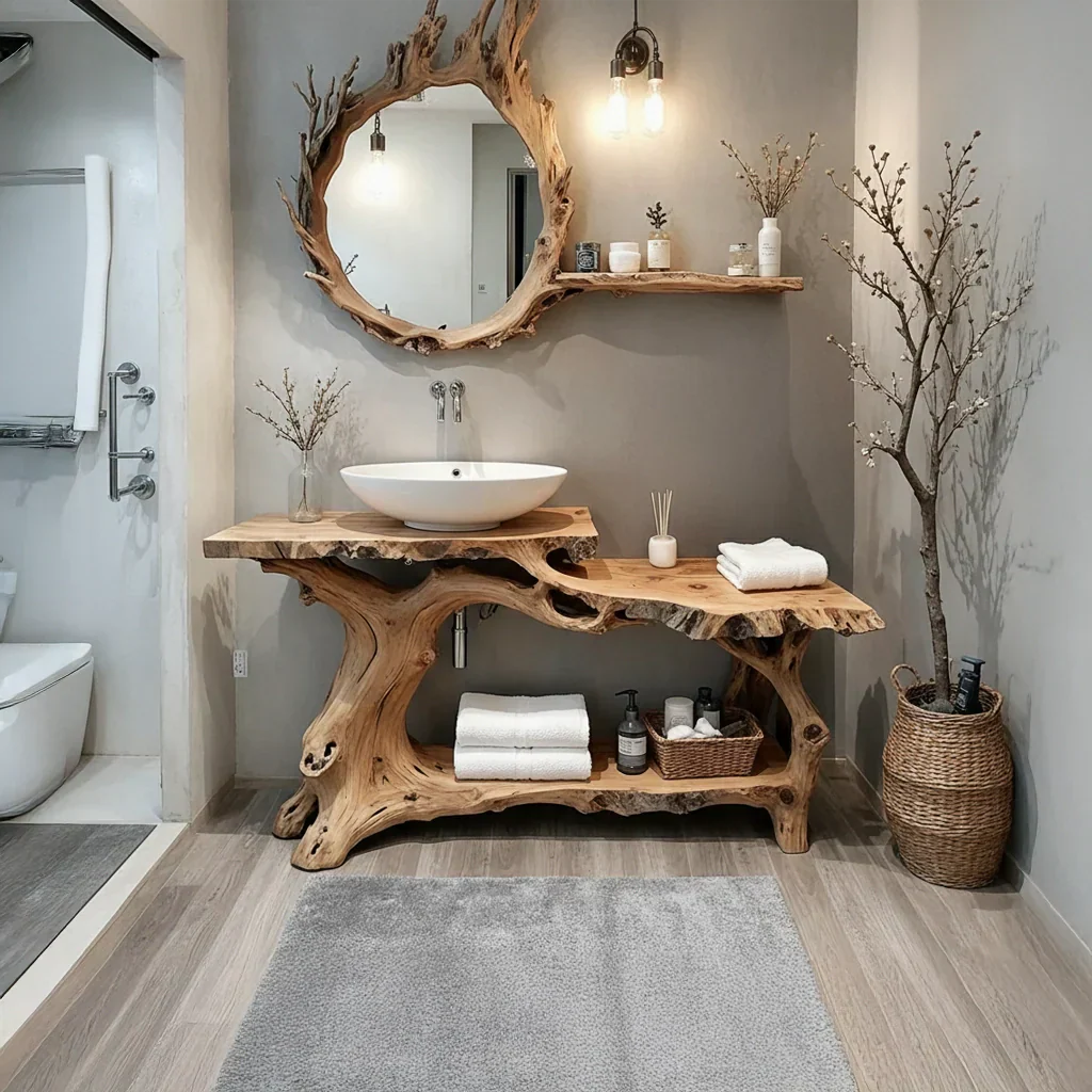 Live Edge Solid Wood Vanity with Branch-Style Base and Open Shelf