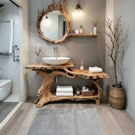 Live Edge Solid Wood Vanity with Branch-Style Base and Open Shelf