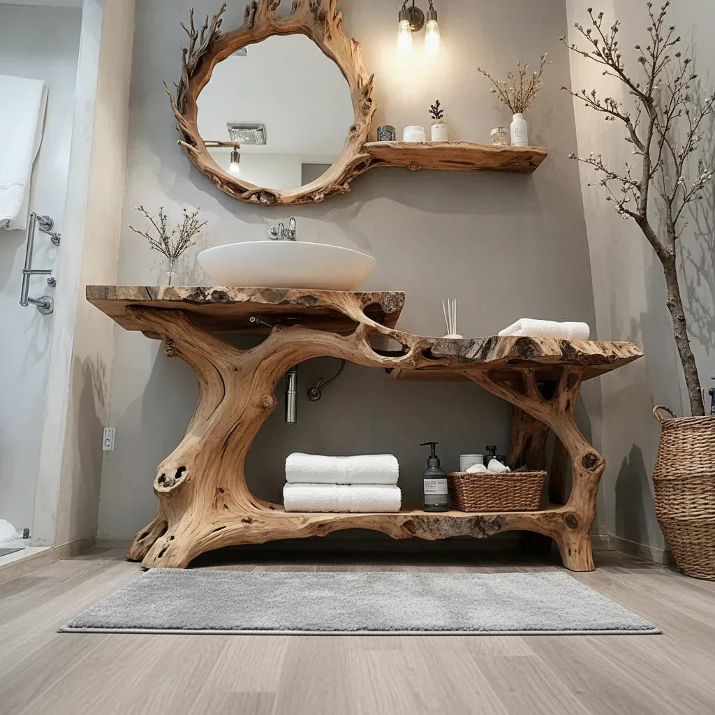 Live Edge Solid Wood Vanity with Branch-Style Base and Open Shelf
