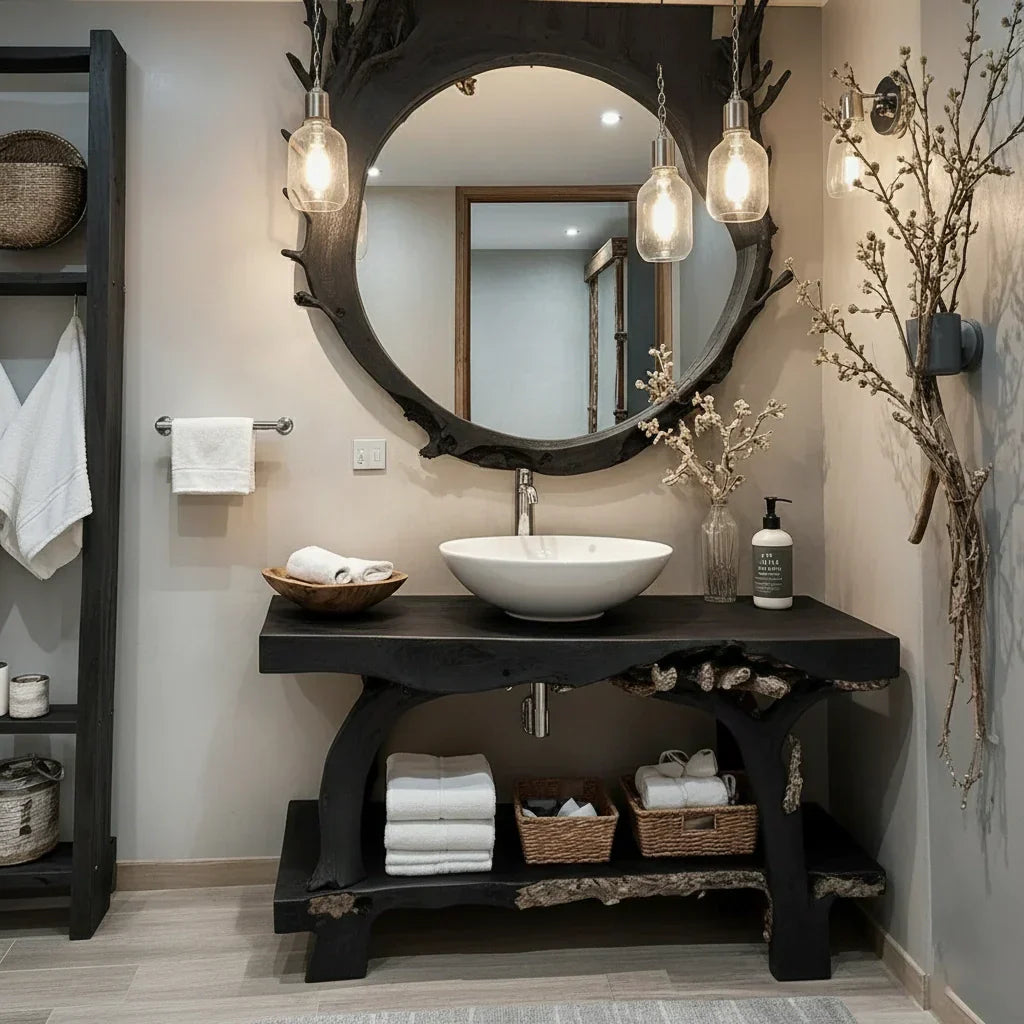 Live Edge Solid Wood Vanity Console with Root-Style Base