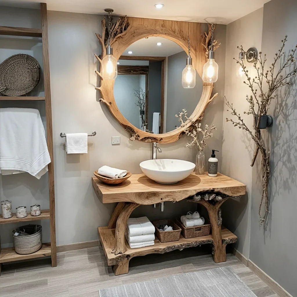 Live Edge Solid Wood Vanity Console with Root-Style Base