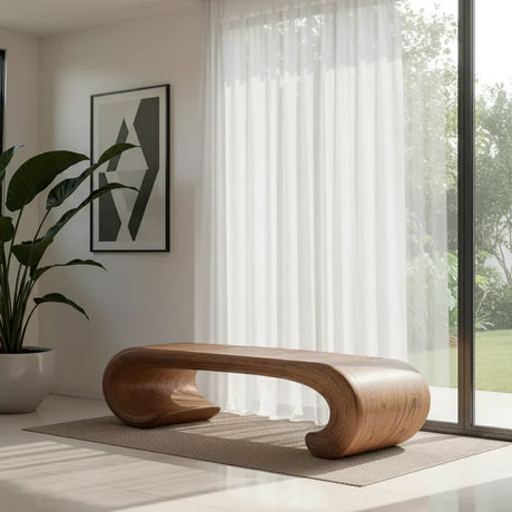 Curved Solid Wood Bench with Sculpted Arch Base for Minimalist Homes