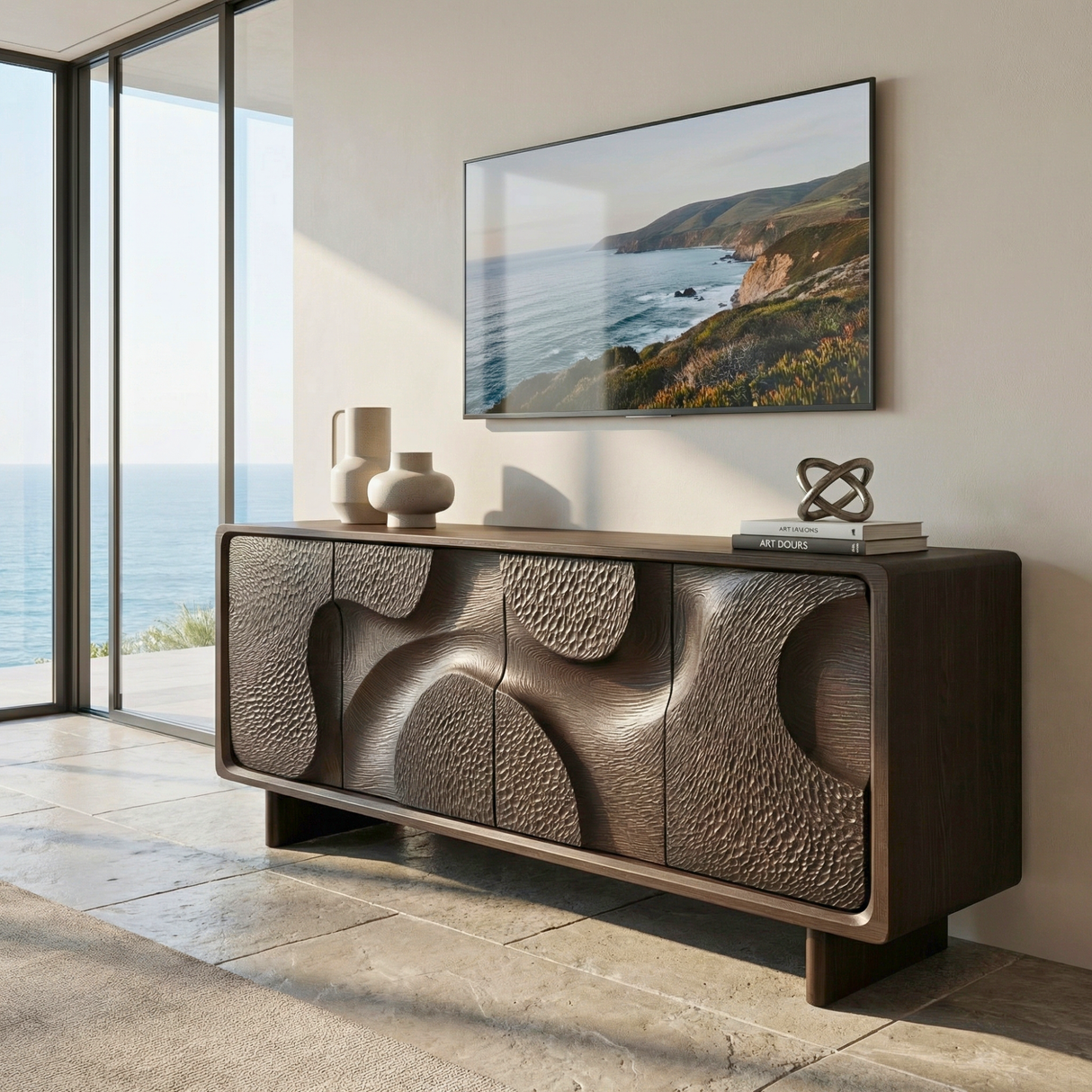 Solid Wood Media Console with Carved Organic Doors