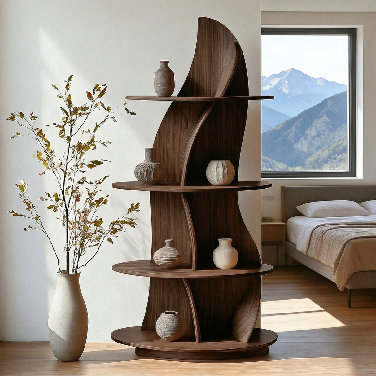 Handcrafted Solid Wood Sculptural Corner Bookcase with Curved Tiered Shelves