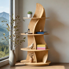 Handcrafted Solid Wood Sculptural Corner Bookcase with Curved Tiered Shelves