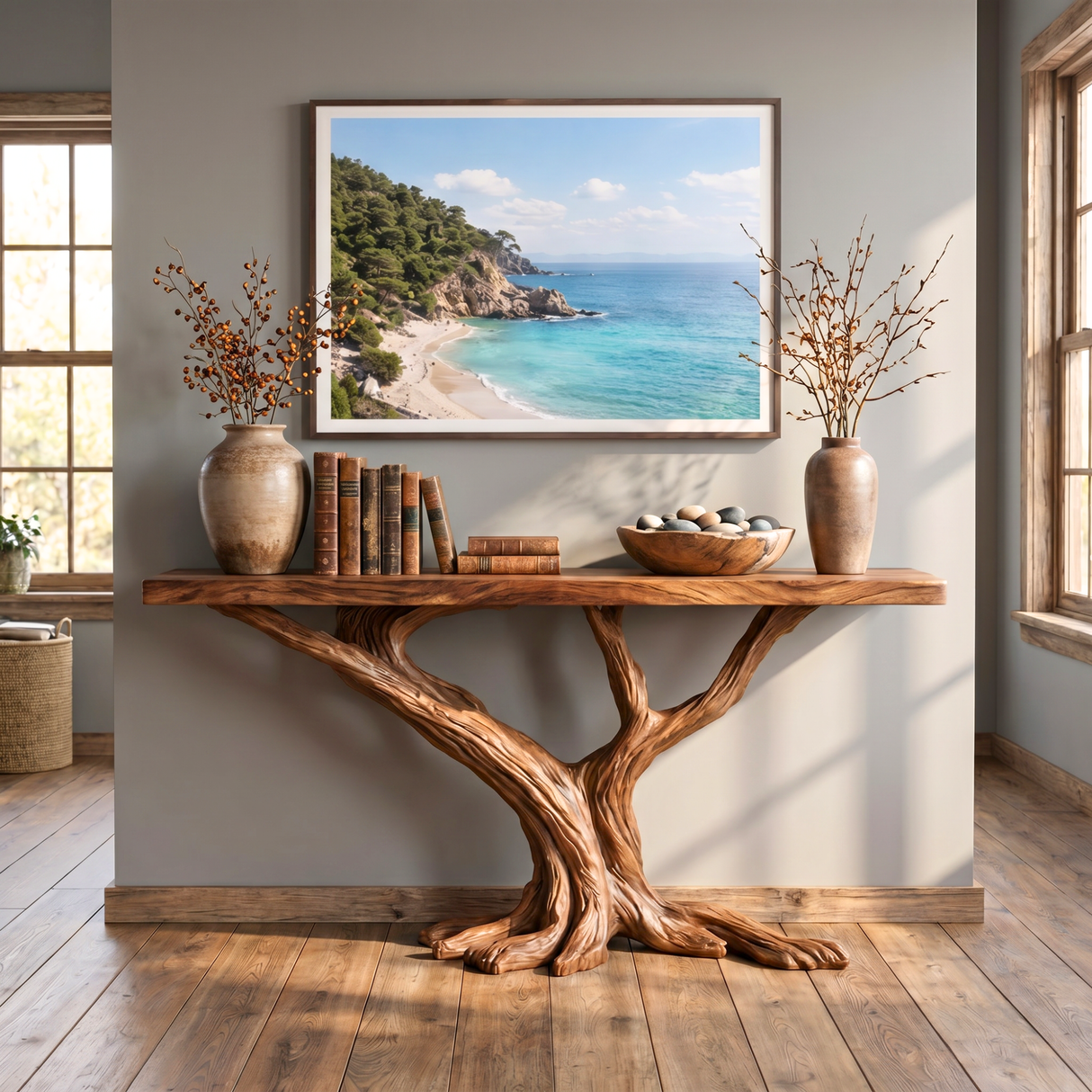 Console Table Solid Wood with Forked Branch Base for Entryway Decor