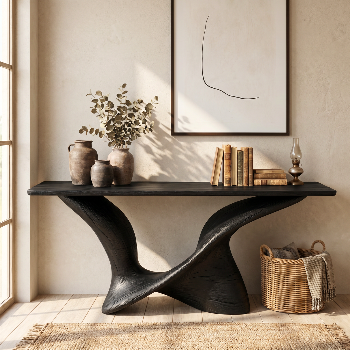 Solid Wood Console Table with Sculpted Curved Base for Entryway Decor