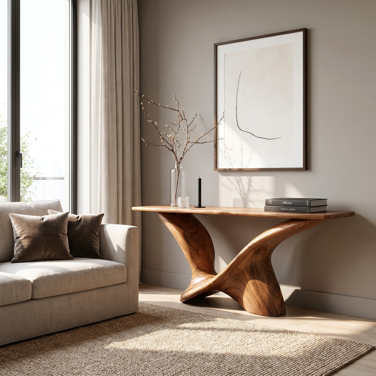 Solid Wood Console Table with Sculpted Curved Base for Entryway Decor