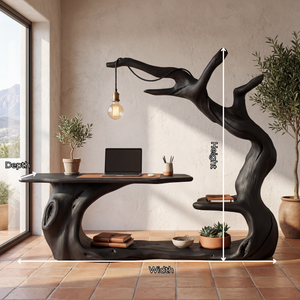 Organic Sculptural Wood Workstation with Hanging Lamp and Storage Shelf