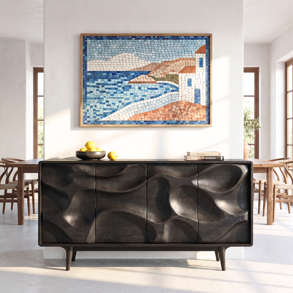 Solid Wood Sideboard Cabinet with Organic Carved Front
