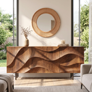Solid Wood Sideboard Cabinet with Sculpted Wave Front for Living and Dining Room