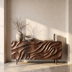 Sideboard Cabinet with Carved Wave Front for Modern Living and Dining Rooms