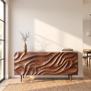 Sideboard Cabinet with Carved Wave Front for Modern Living and Dining Rooms