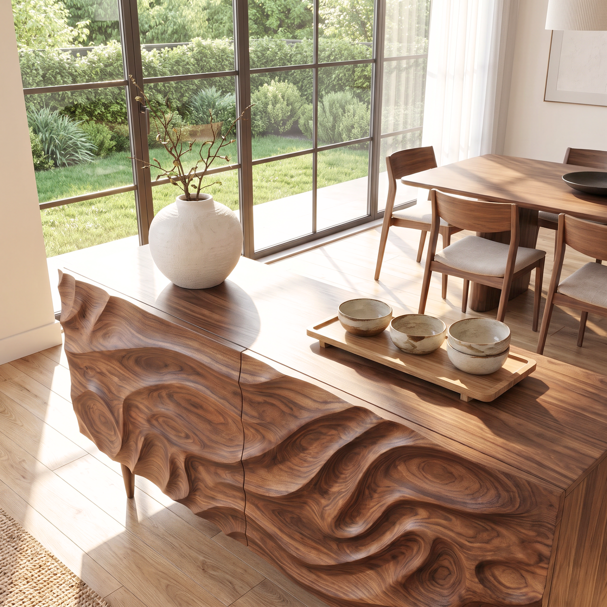 Sideboard Cabinet with Carved Wave Front for Modern Living and Dining Rooms