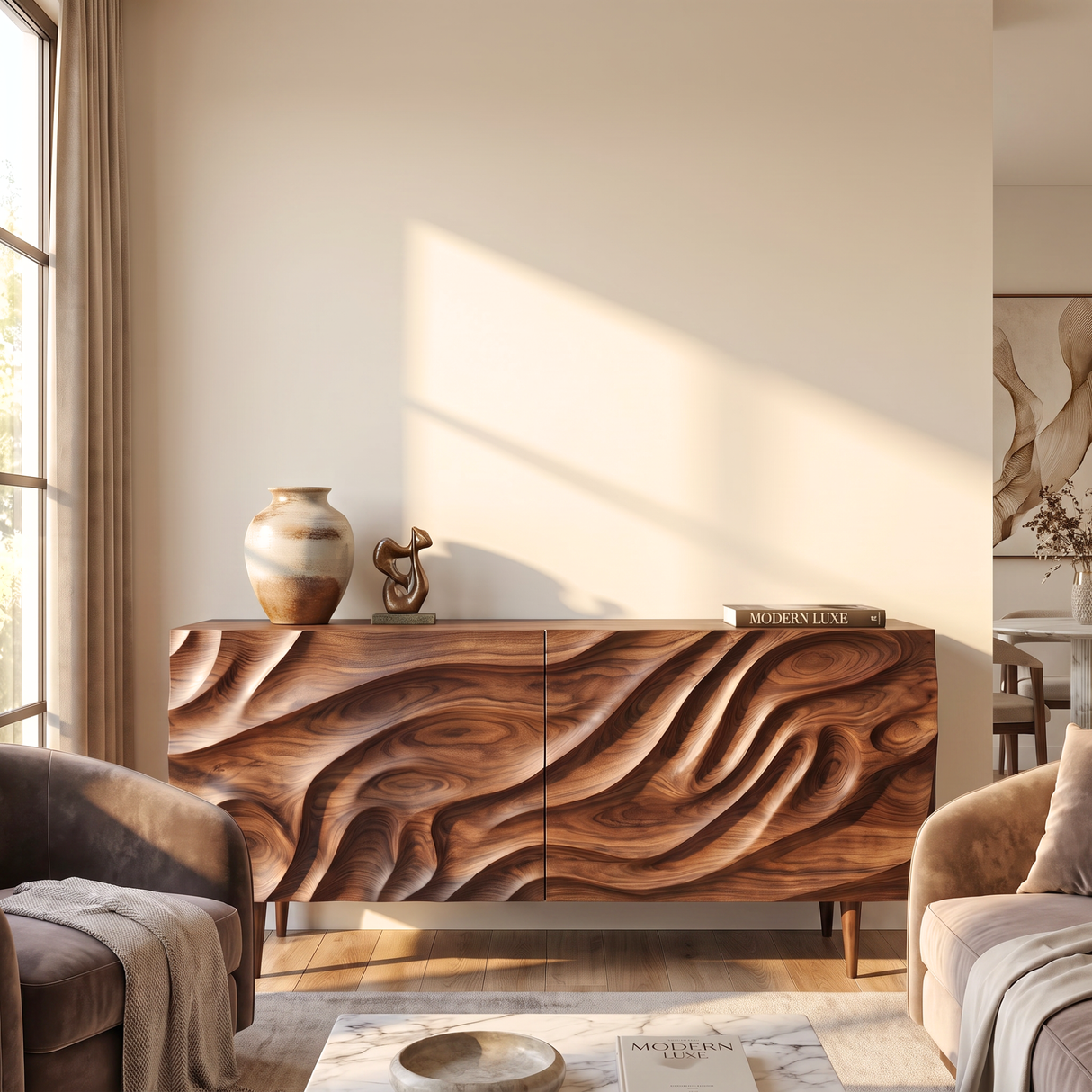 Sideboard Cabinet with Carved Wave Front for Modern Living and Dining Rooms