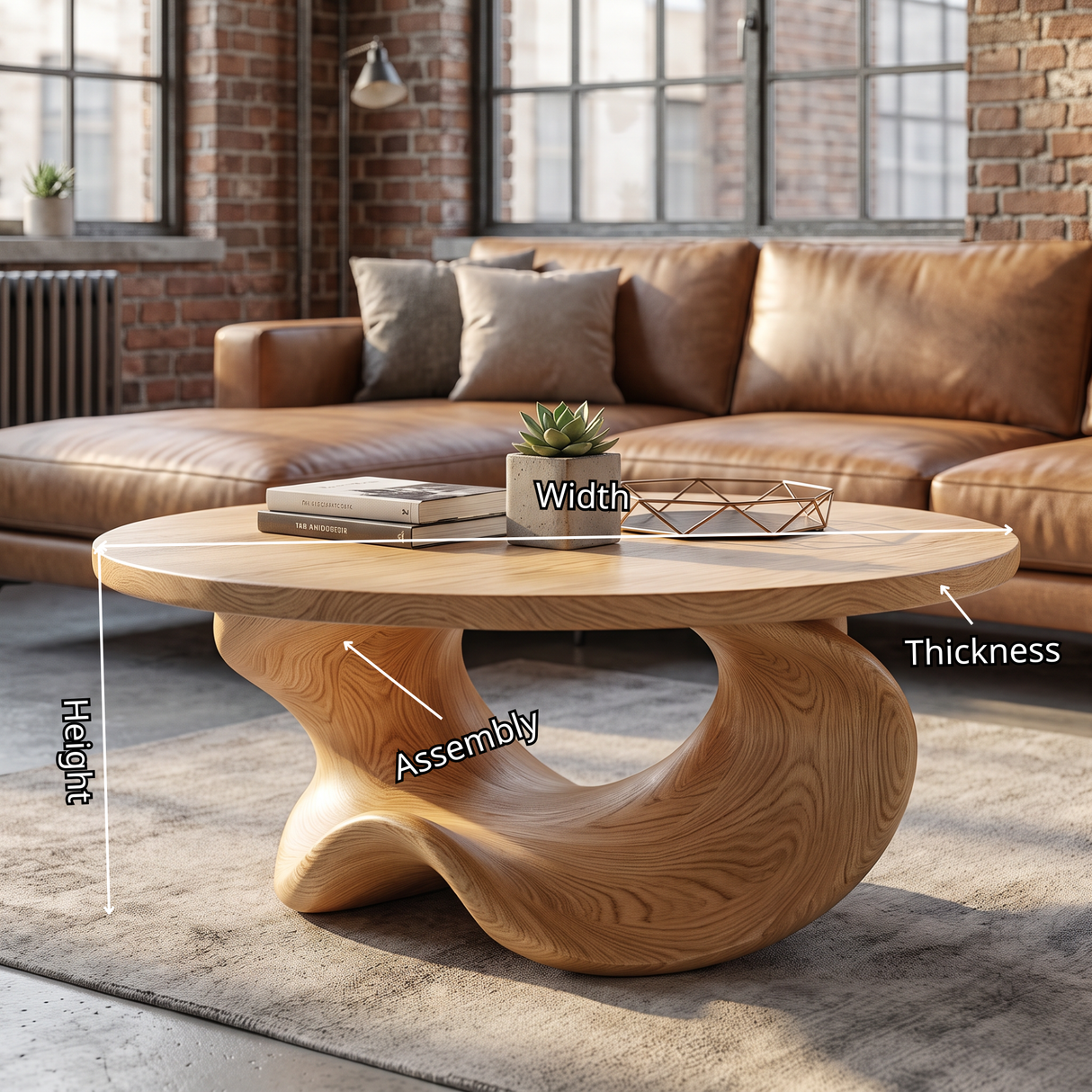 Coffee Table Solid Wood with Sculptural Crescent Base