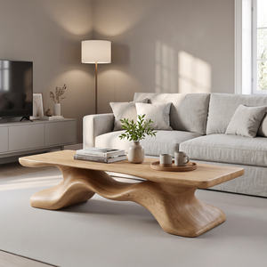 Coffee Table Solid Wood with Sculptural Flowing Bridge Base