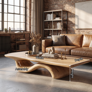 Coffee Table Solid Wood with Sculptural Wave Bridge Base for Living Room