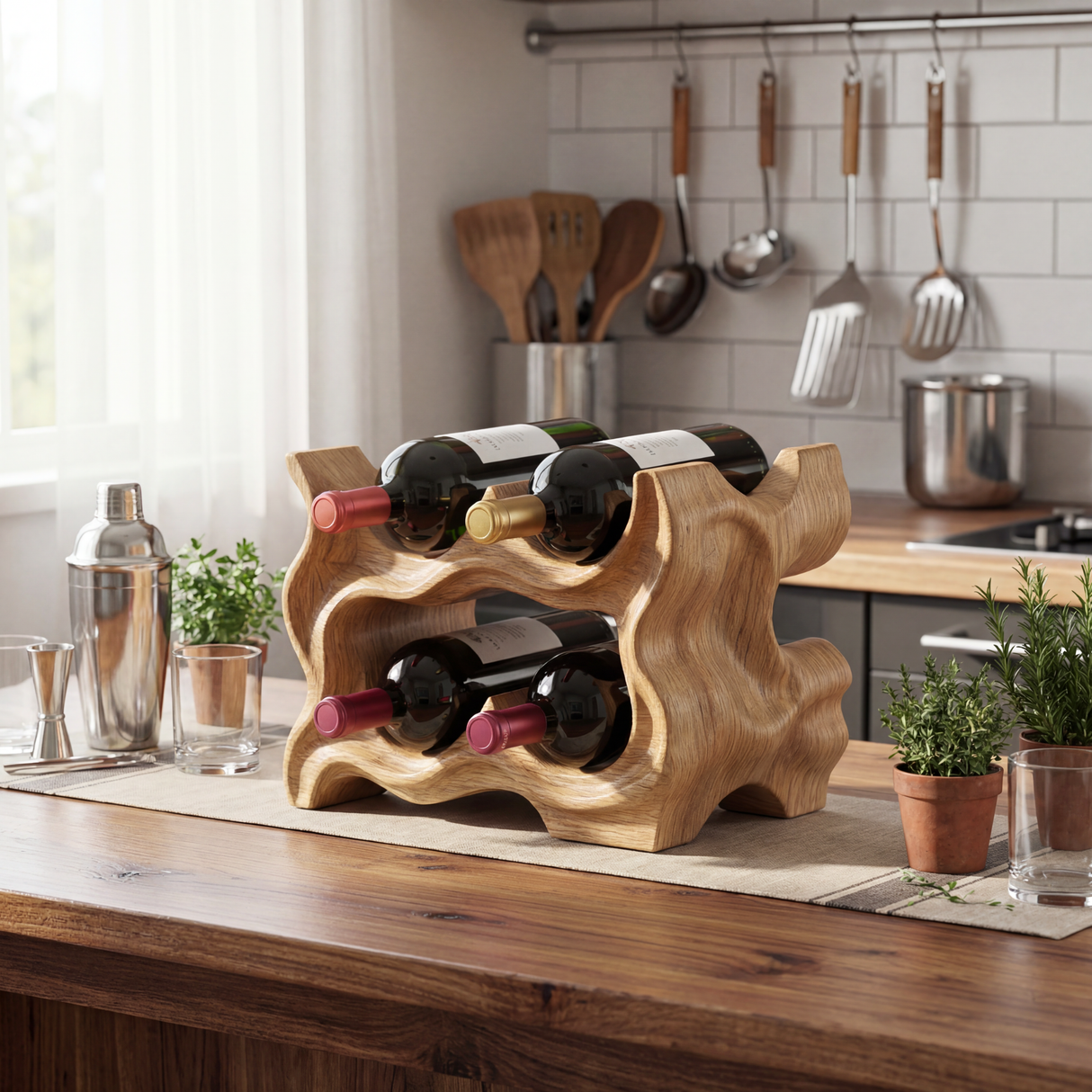 Carved Solid Wood Wine Rack with Organic Sculptural Form