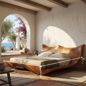 Sculptural Wood Platform Bed with Organic Wave Headboard, Modern Statement Bed Frame for Minimalist Interiors