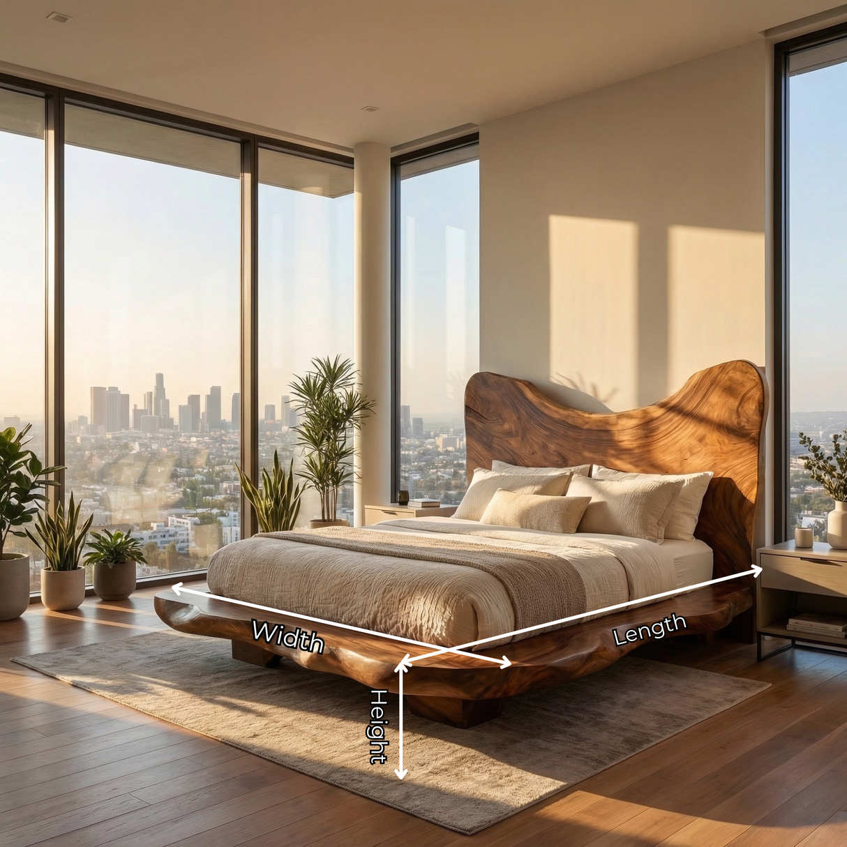 Sculptural Solid Wood Bed Frame with Organic Headboard