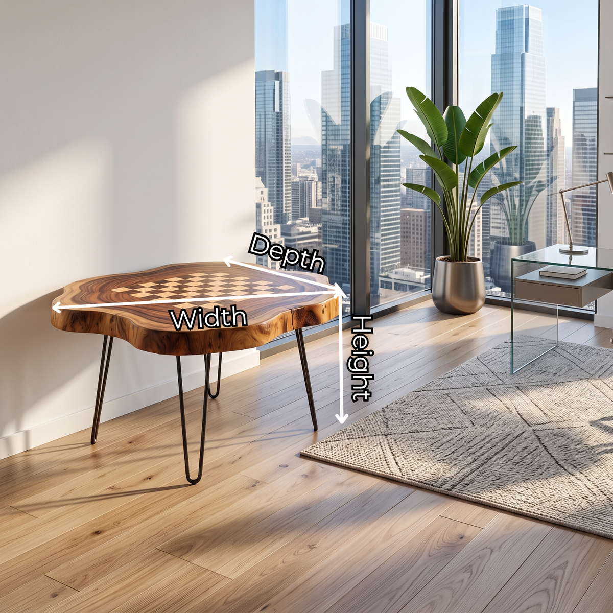 Handcrafted Live Edge Solid Wood Chess Coffee Table with Hairpin Legs