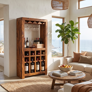 Solid Wood Wine Rack Cabinet with Stemware Holder and Display Shelf