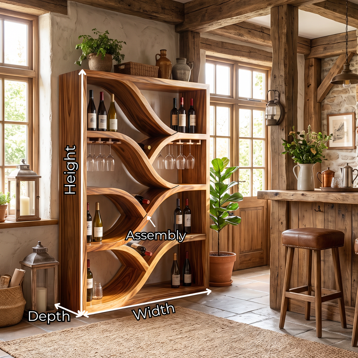 Sculptural Solid Wood Wine Display Cabinet with Flowing Bottle Shelves