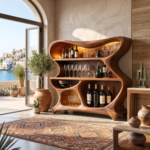 Bar Cabinet Solid Wood with Sculptural Open Shelves for Living Room