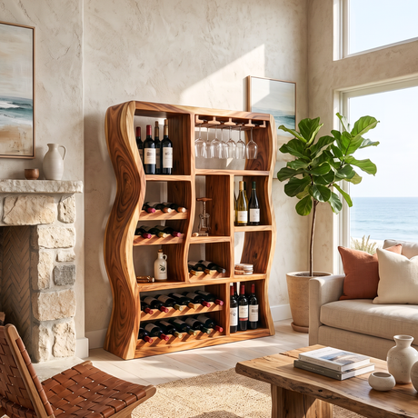 Sculptural Solid Wood Wine Cabinet with Curved Open Compartments
