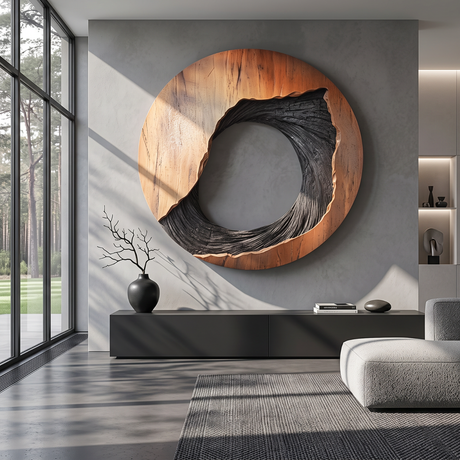 Round Wood Wall Sculpture with Open Center and Textured Carved Detail