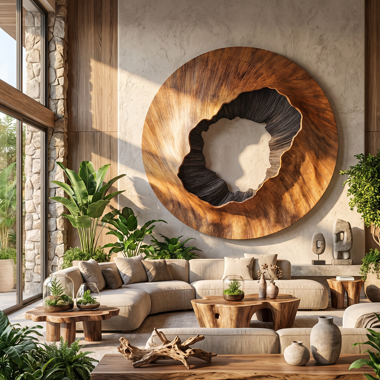 Large Round Solid Wood Wall Sculpture with Textured Center for Modern Interiors
