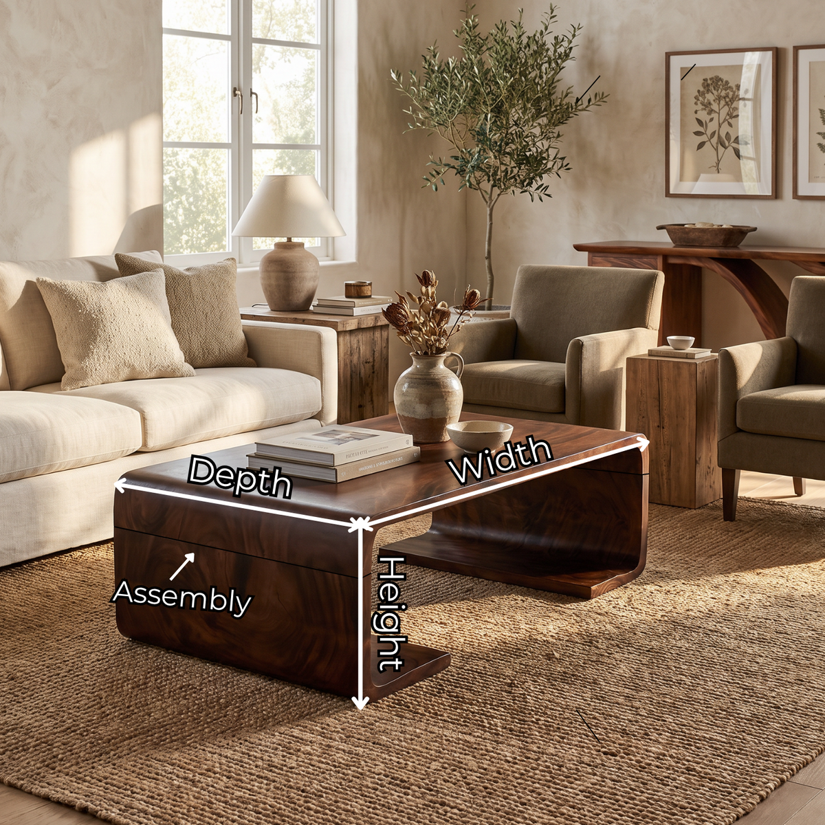 Solid Wood Coffee Table with Waterfall Form and Open Shelf