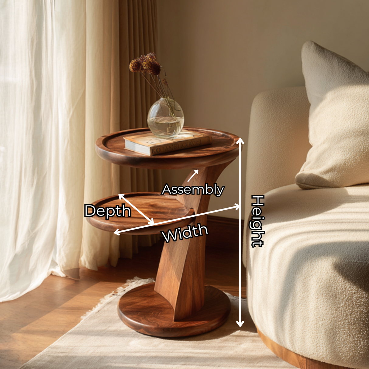 Side Table Solid Wood with Dual Tier Sculptural Pedestal