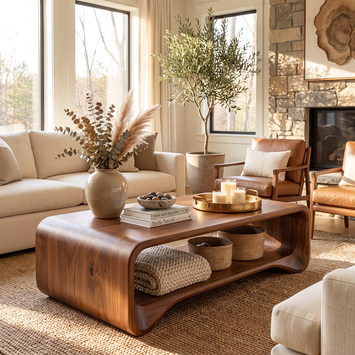 Solid Wood Coffee Table with Rounded Frame and Open Shelf
