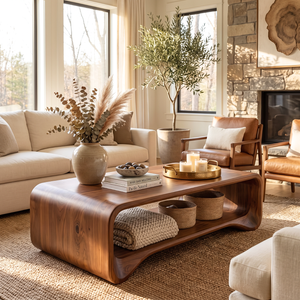 Solid Wood Coffee Table with Rounded Frame and Open Shelf