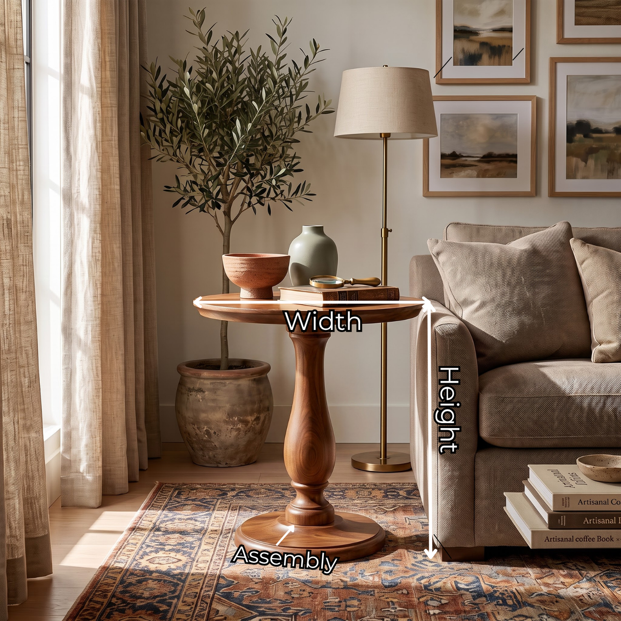 Side Table Solid Wood with Turned Pedestal Base for Living Room Decor