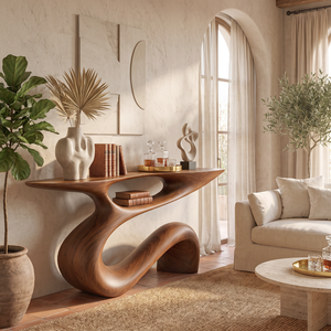 Solid Wood Console Table with Flowing Open Sculptural Base